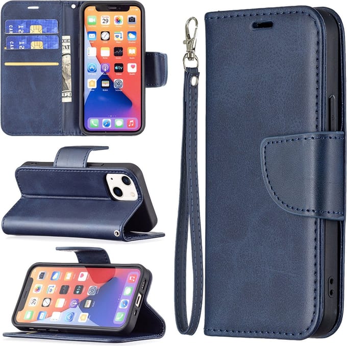 MobyDefend Hoesje - Geschikt voor iPhone 13 Mini - Wallet Book Case Met Koord - Blauw