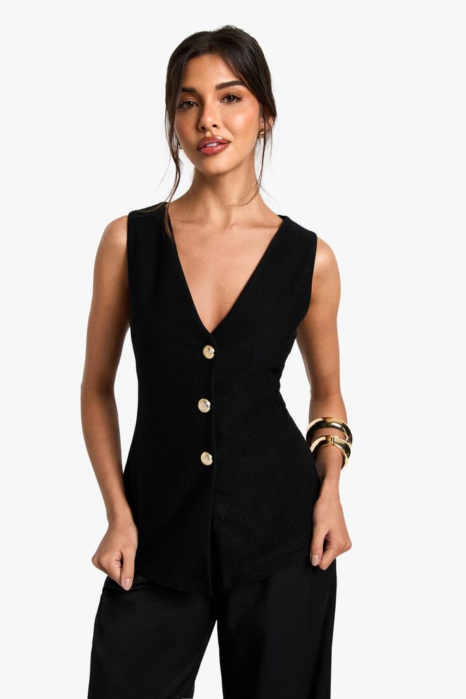 boohoo Dames Textured Button door V-hals lang gesneden vest | Black | Maat: 8
