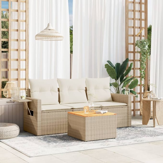 vidaXL - 4-delige - Loungeset - met - kussens - poly - rattan - beige