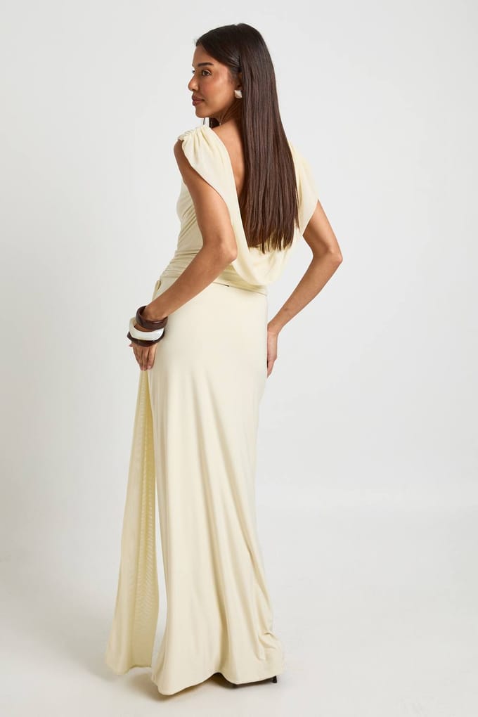 boohoo Dames Slinky Maxi Rok Met Mesh Drapering | Cream | Maat: 8