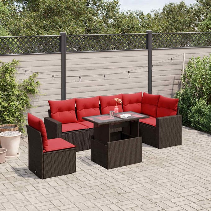 vidaXL - 7-delige - tuinbankset - met - kussens, - bruin - polyrotan