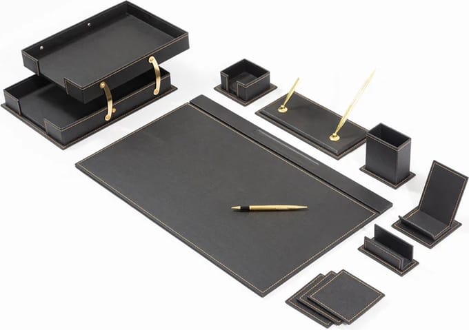 Lederen bureau Set - ZWART - Bureau accessoires Set - 12 Accessoires - Office Desk Organizer Set - handgemaakte lederen bureau set - Manager Gift