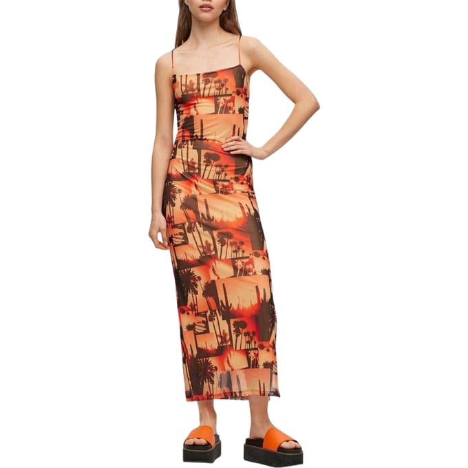 Hugo Dames/Dames Spaghetti Maxi Jurk van Mesh (Oranje/zwart)