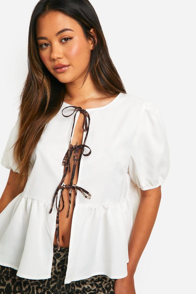 boohoo Dames Contrast Luipaard Strik Boog Top | Wit | Maat: 38