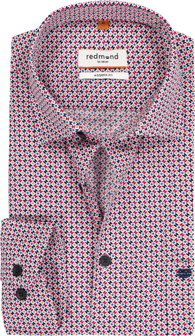Redmond modern fit overhemd - popeline - blauw met rood - wit en beige dessin