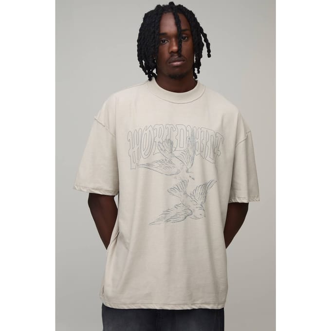 Lang Oversized T-shirt Met Duivenprint En Zichtbare Naden | Stone | Size Small