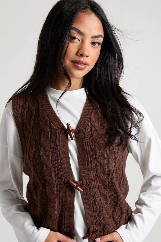 boohoo Dames Toggle Button Kabelgebreide Waistcoat | Chocoladebruin | Maat: Medium