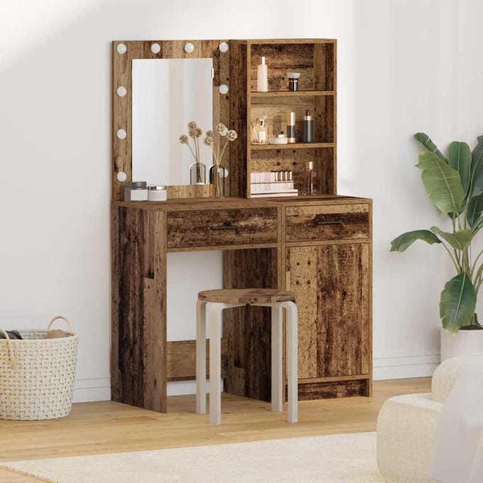 vidaXL - Dressing - tafel - set - met - LED - 2 - st - Oudhout - Bewerkt - hout