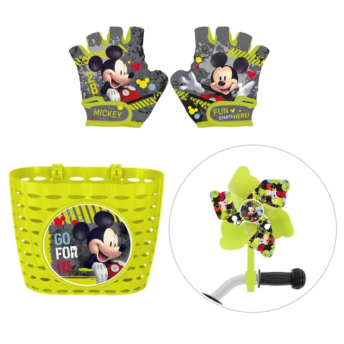 Mickey Mouse fietsset; mand, molen en handschoenen