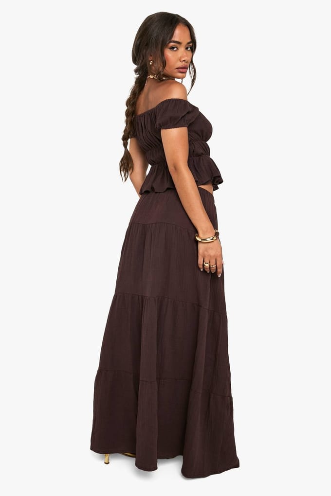 boohoo Dames Crinkle Cotton Maxi Rok | Chocoladebruin | Maat: 38
