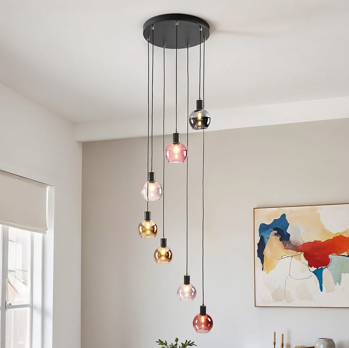 LumenXL Hanglamp zwart - amber, smoke - roze glas, 7-lichts - Monroe