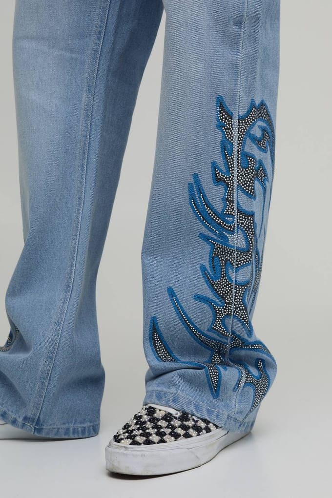 Uitlopende Jeans Met Touwriem En Versierde Print | Light Blue | Size 32
