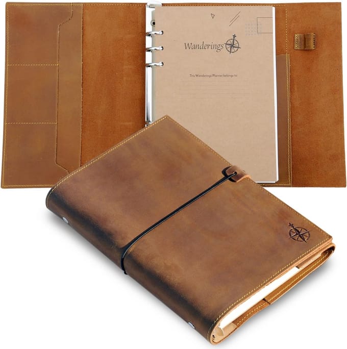 Leren Binderplanner - Navulbaar Notitieboek - Dagelijkse Planning - Handgemaakt Volnerf Leer - A5 Formaat - Bruin