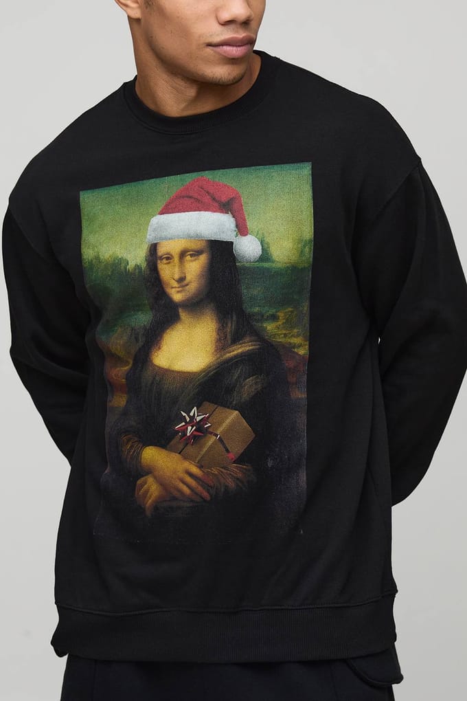 Zwarte oversized Mona Lisa kerstlicentie-bedrukte sweatshirt | Black | Size Medium