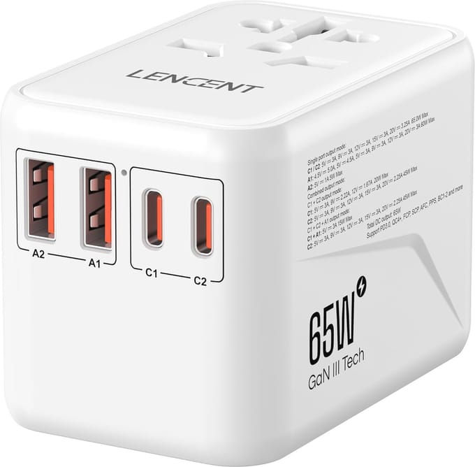 65W Reisadapter voor Wereldwijd Gebruik - GaN Snellader met 2 USB-A en 2 Type-C Poorten
