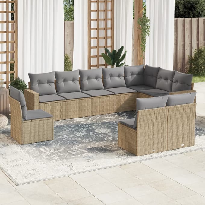vidaXL - 10-delige - Loungeset - met - kussens - poly - rattan - beige
