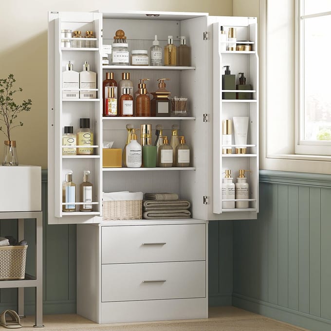 Pugsdrly 159 cm keukenkast, verstelbare planken, 2 lades, voor keuken, eetkamer, spaanplaat, MDF, wit
