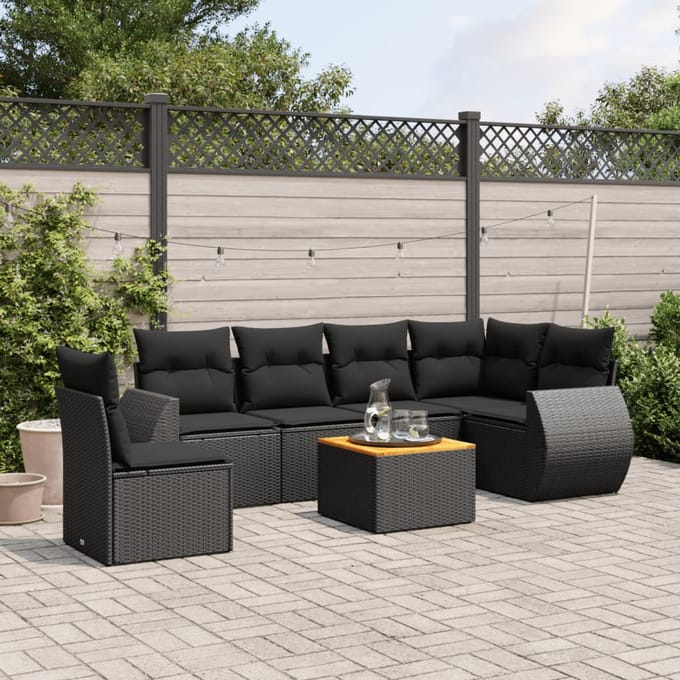 vidaXL - 7-delige - Loungeset - met - kussens - poly - rattan - zwart
