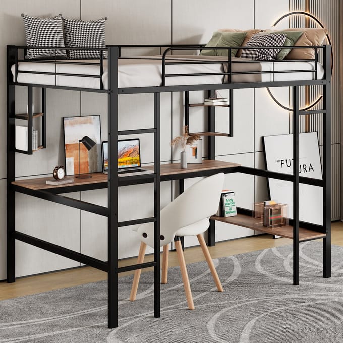 REDOM Hoogslaper – 90x200 cm – Met bureau & veiligheidshek – Metaal – Zwart