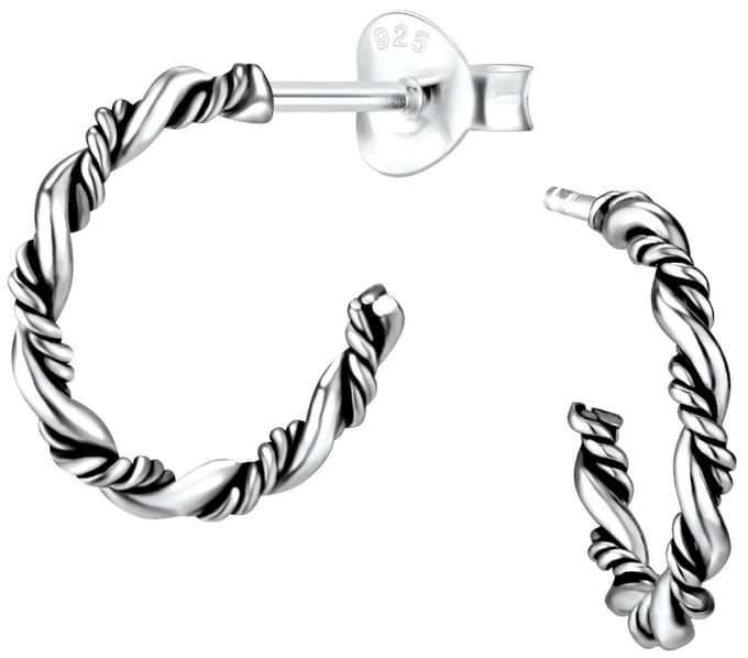 Joy|S - Zilveren Bali stud oorringen - 14 mm - geoxideerd twist