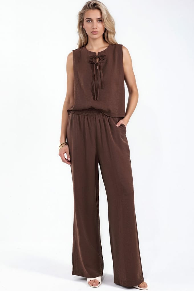 Viscose Blend Blouse met Strikdetail & Elastische Taille Broek Set