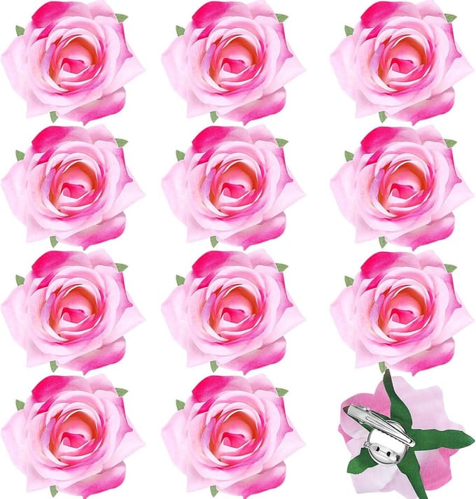 Set van 12 Roze Roos Haarclips - Bloem Haarspeldjes voor Dames & Feest