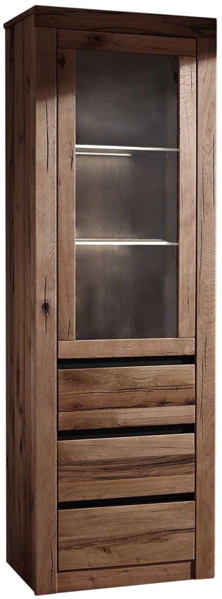 MASSIVMOEBEL24.DE wilde eik / moseik vitrine bruin massief hout 62x42x190 cm (BxTxH) geolied gemonteerd MONTREUX volledig massief #321