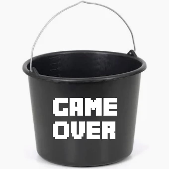 Hip met Pit Creaties - Game Over - Cadeau emmer / kotsemmer - Zwart - 12 liter - Witte sticker