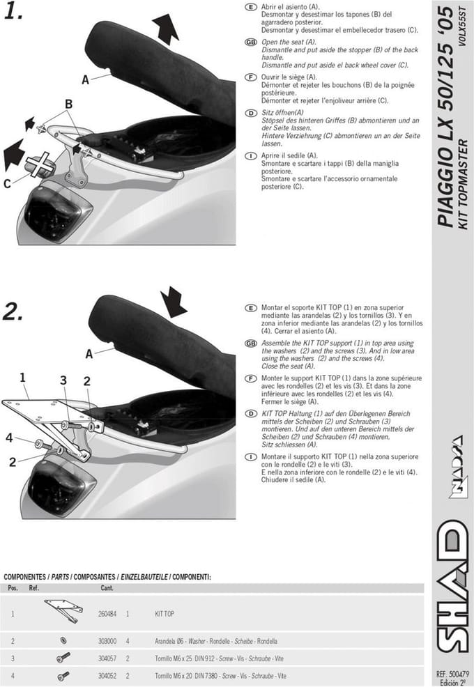 Support de top case Shad pour Scooter Piaggio 50 LX 2005 à 2014 V0LX55ST Neuf