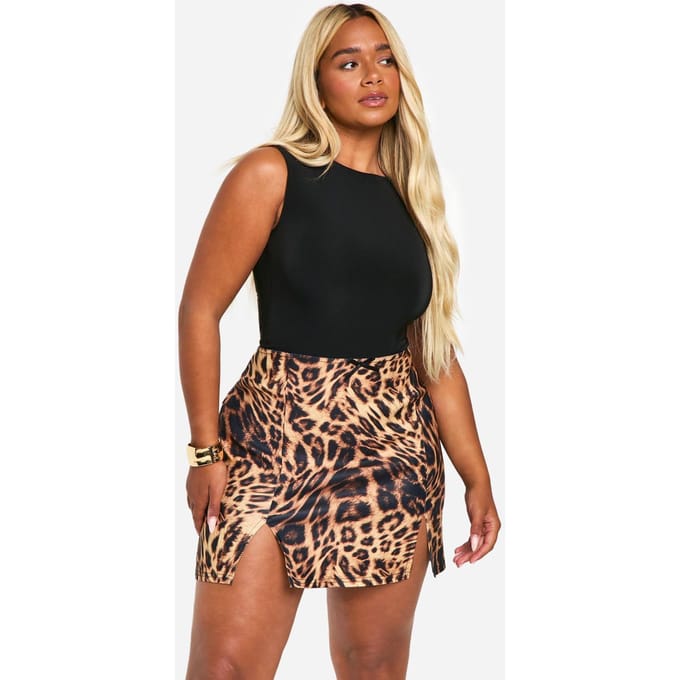 boohoo Dames Plus Leopard Geweven Stretch Mini Rok met Strikdetails | Brown | Maat: 28