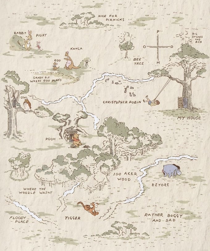 Fotobehang Winnie The Pooh Map - Bruin - 2,40m X 200cm