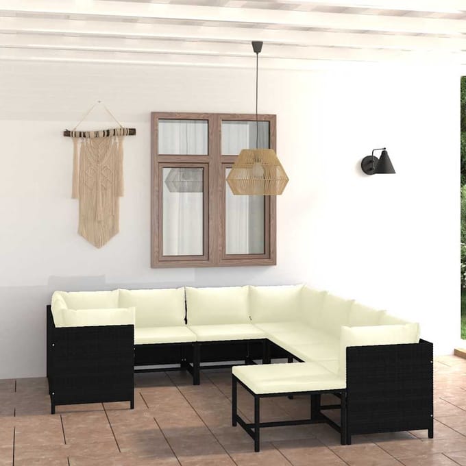 vidaXL - 9-delige - Loungeset - met - kussens - poly - rattan - zwart
