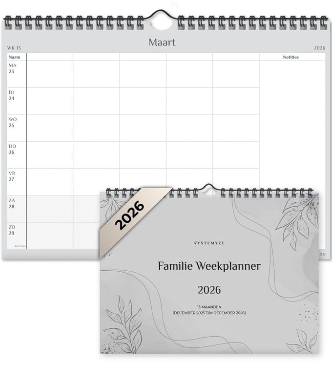 Systemyze Familieplanner Basic 2026 - Planner - Weekplanner - Gezinsplanner - Family Planner - 13 Maanden - Grijs