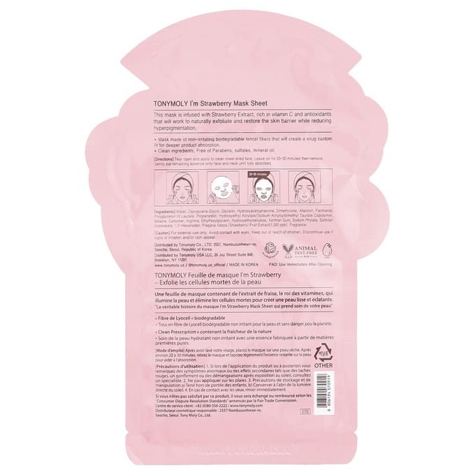 TonyMoly, I'm Strawberry, Even Tone Beauty Mask Sheet, 1 vel, 21g (0,74 oz) red