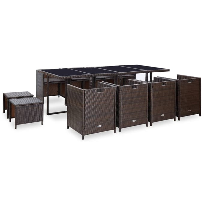 vidaXL - 13-delige - Tuinset - met - kussens - poly - rattan - bruin