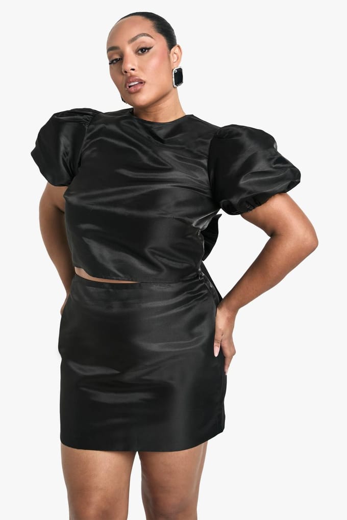 boohoo Dames Plus Taffeta Mini Rok | Zwart | Maat: 54