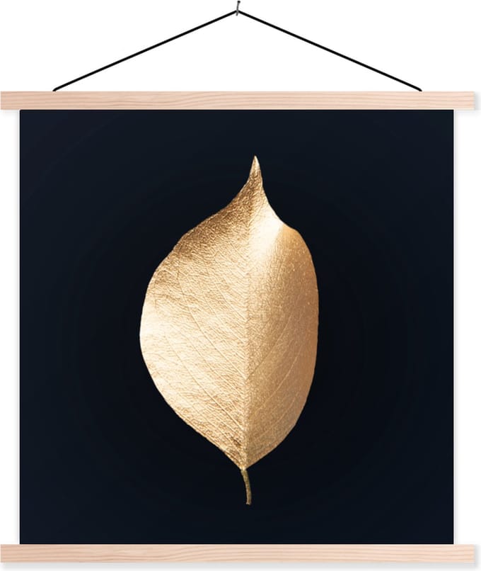 Posterhanger incl. Poster 60x60 cm - Schoolplaat - Bladeren - Goud - Zwart - Planten - Luxe - Textielposter - Blanke latten