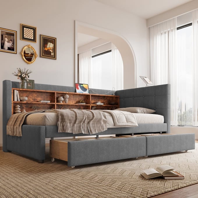 REDOM daybed 90x200 cm – Met 2 laden, USB en Type-C – Linnen + MDF – Grijs