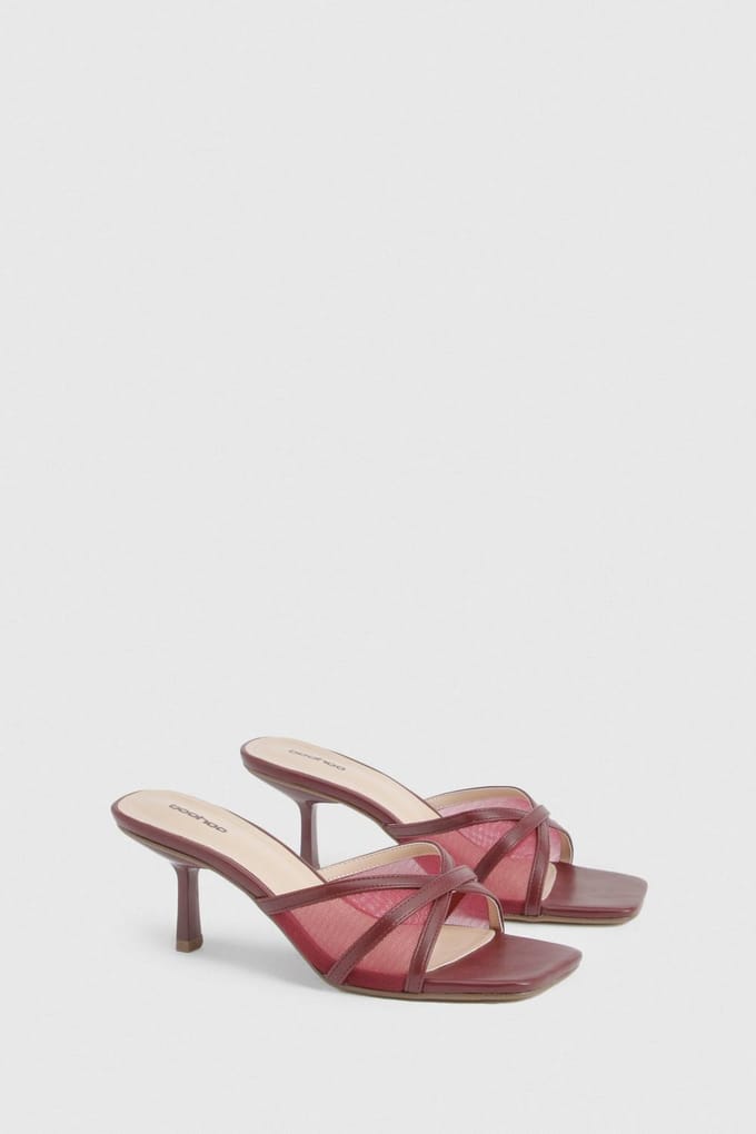 boohoo Dames Mesh Mid Stiletto Hak Mules | Bordeaux Rood | Maat: 36