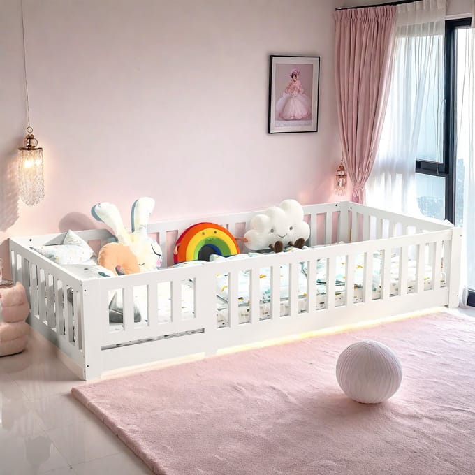 Kinderbed 90x200 cm – Houten Bodembed met Valbeveiliging en Deur, Speelbed, Wit