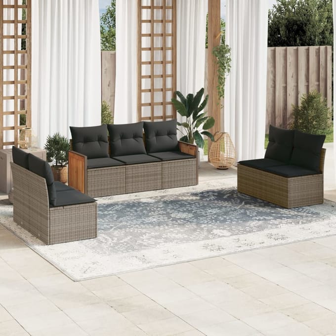 vidaXL - 7-delige - Loungeset - met - kussens - poly - rattan - grijs