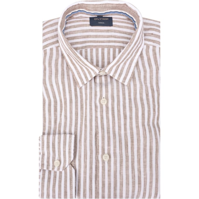 OLYMP Casual regular fit overhemd - structuur - bruin met wit gestreept