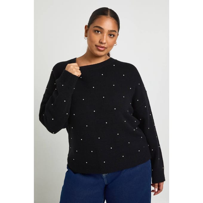 boohoo Dames Plus Diamante ronde hals trui | Zwart | Maat: 48-50