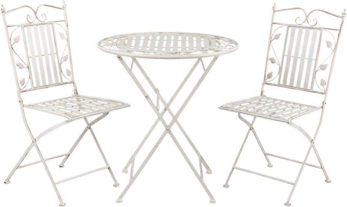 Clayre & Eef Bistroset Bistrotafel Bistrostoel 3-delig Ø 70x77 cm Wit IJzer Bladeren