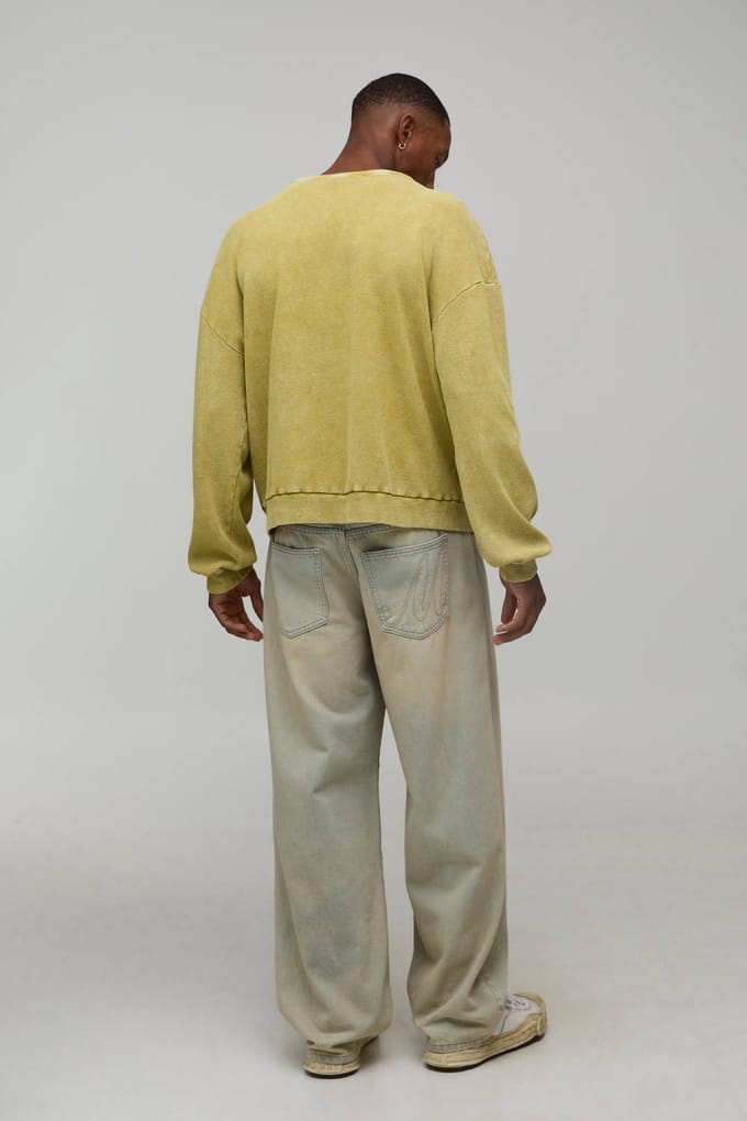 Geribbeld Oversized Boxy Acid Wash T-Shirt met Lange Mouwen | Mustard | Size Medium