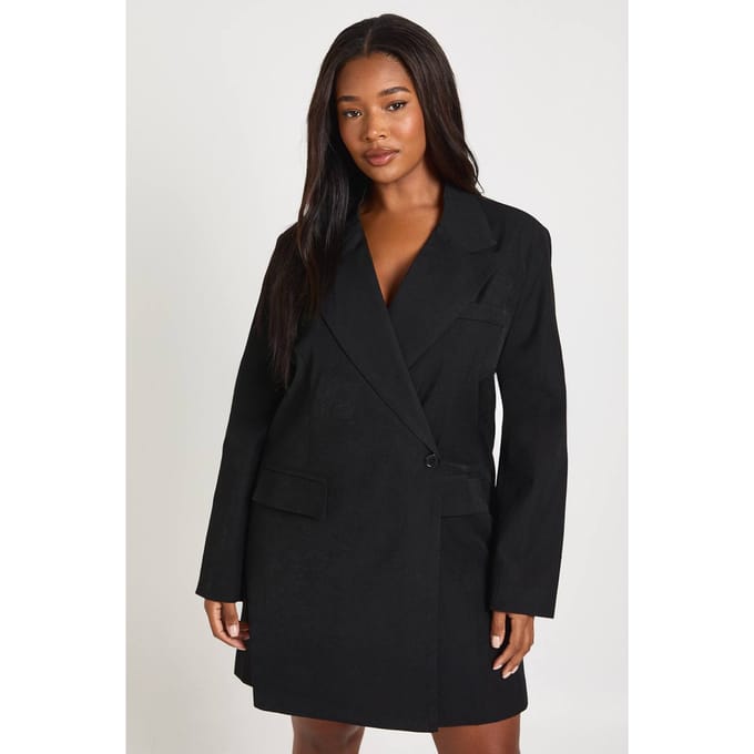 boohoo Dames Plus Wrap Hoorn Knoop Oversized Blazer Jurk | Zwart | Maat: 48