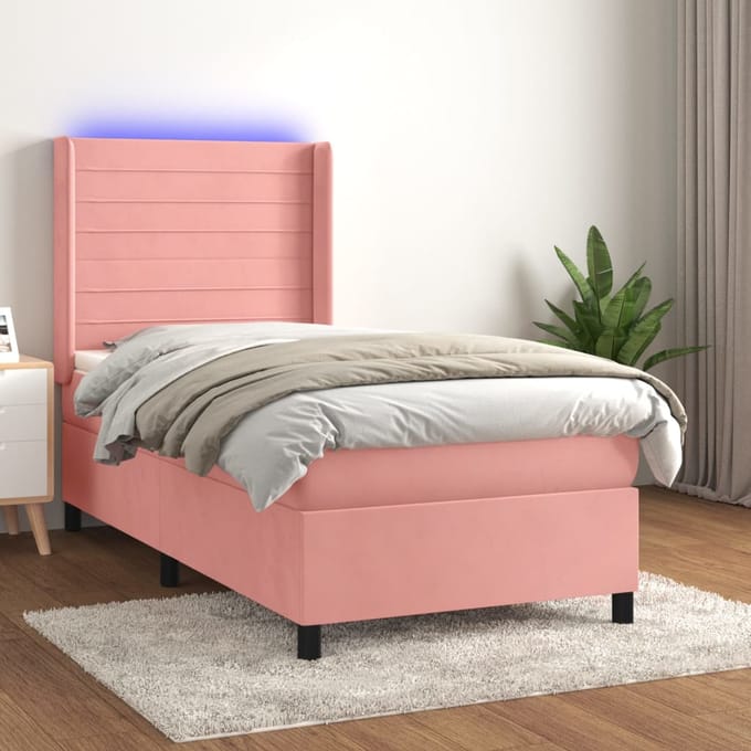 vidaXL - Boxspring - met - matras - en - LED - fluweel - roze - 90x190 - cm
