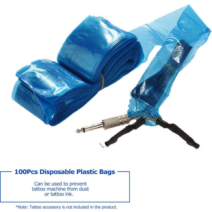 Sacs à manches à cordon à Clip, 100 pièces, housses jetables pour Machine à tatouer, en plastique bleu blue