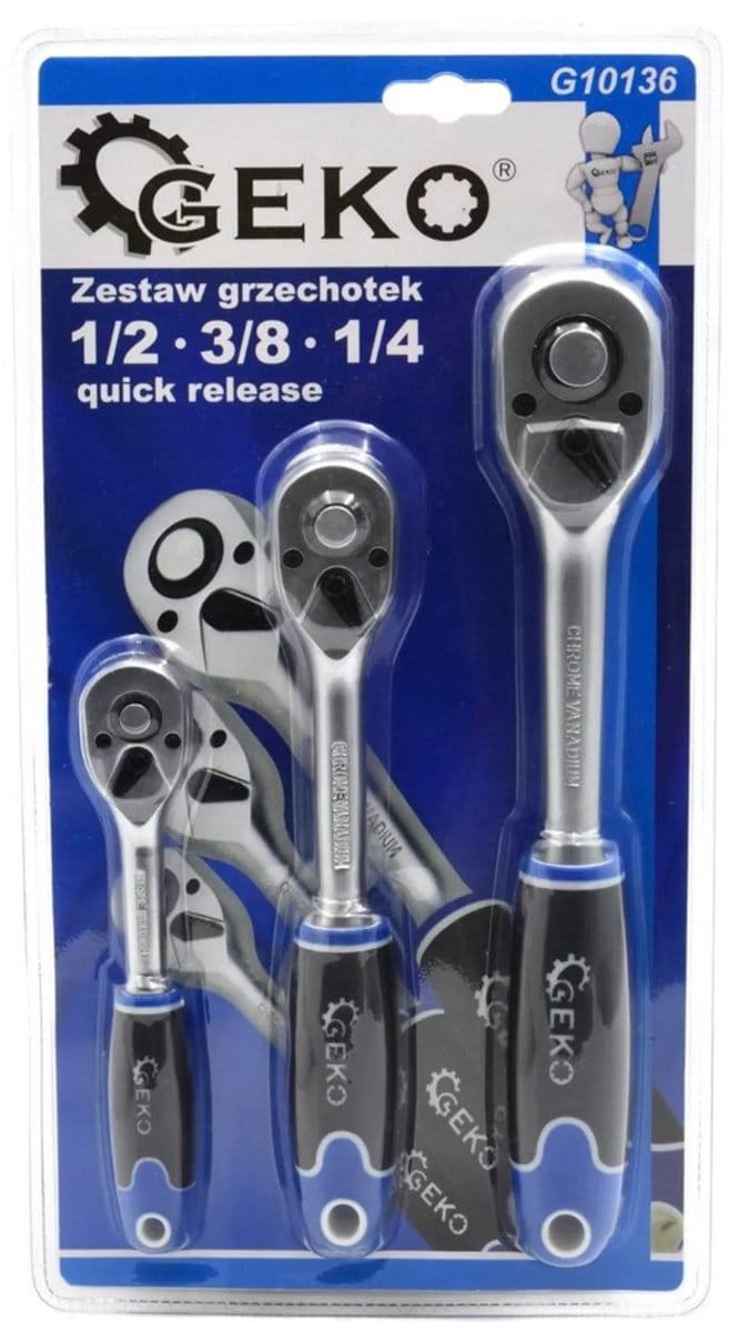 GEKO Ratelsleutelset - 45-tands mechanisme - CrV staal - Ergonomische antislip greep