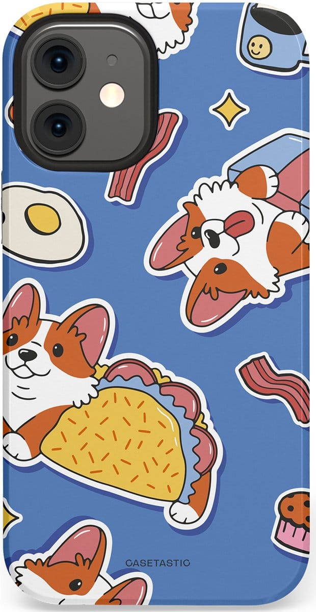 Casetastic hoesje geschikt voor Apple iPhone 12 Mini - Dubbellaagse bescherming - Corgi en Snacks - Fashion Case - Lavendel Lichtgrijs Terracotta Taupe
